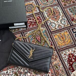 Saint Laurent Black Quilted Leather YSL Chain Shoulder Bag